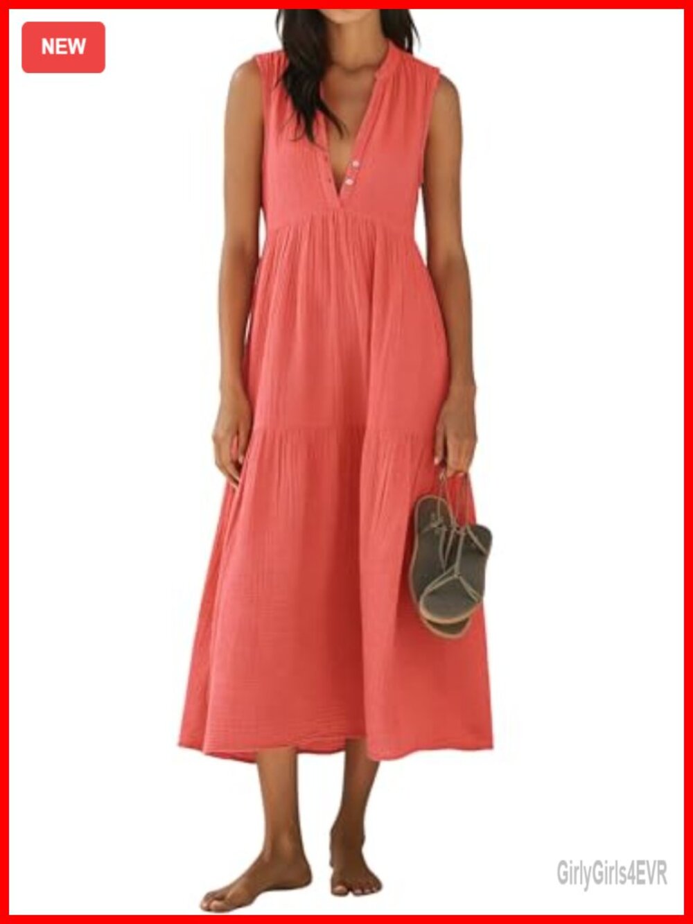 R.Vivimos Womens 100% Cotton Button V Neck Maxi Dress Sleeveless